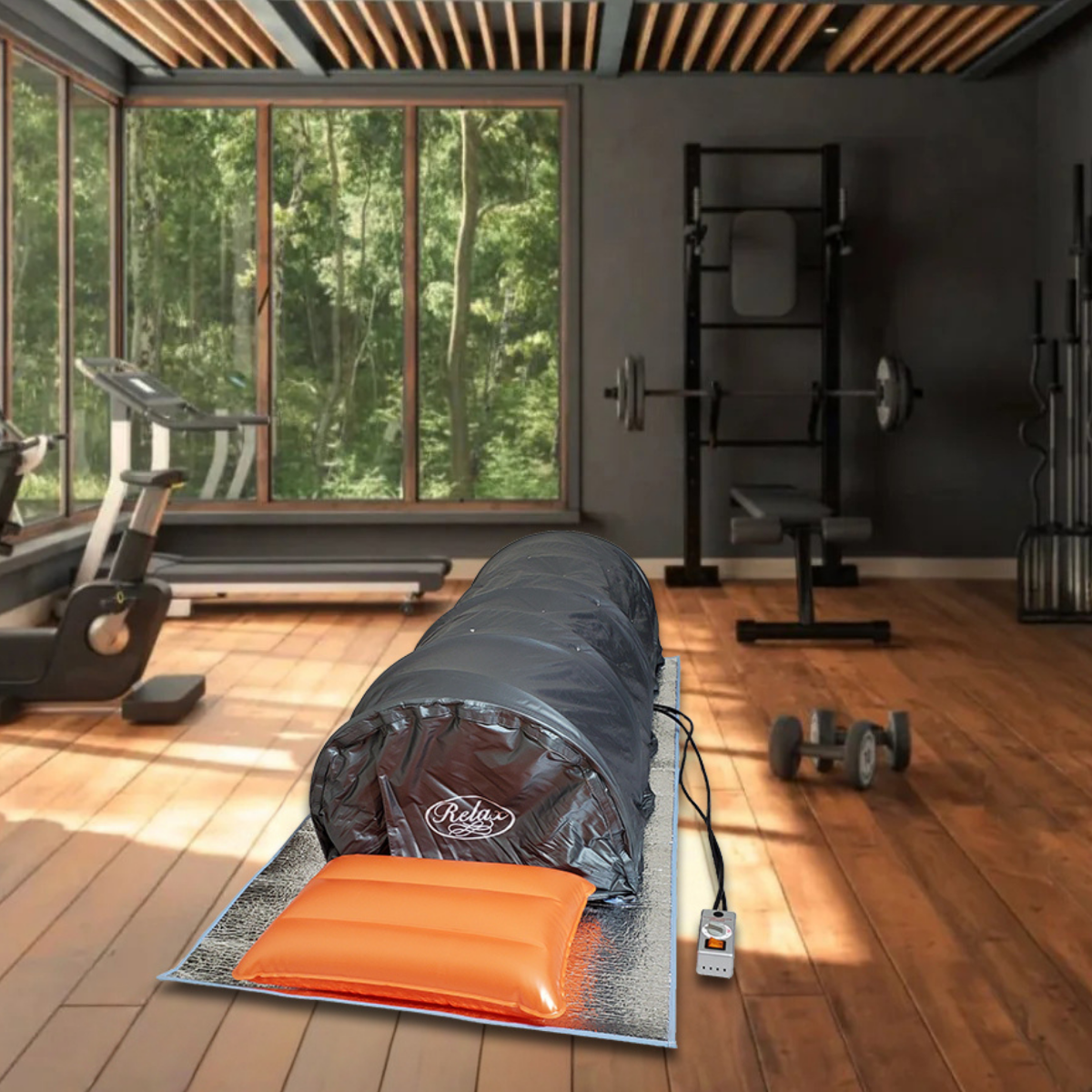 Gym room with exercise equipment and a roller on a mat.
