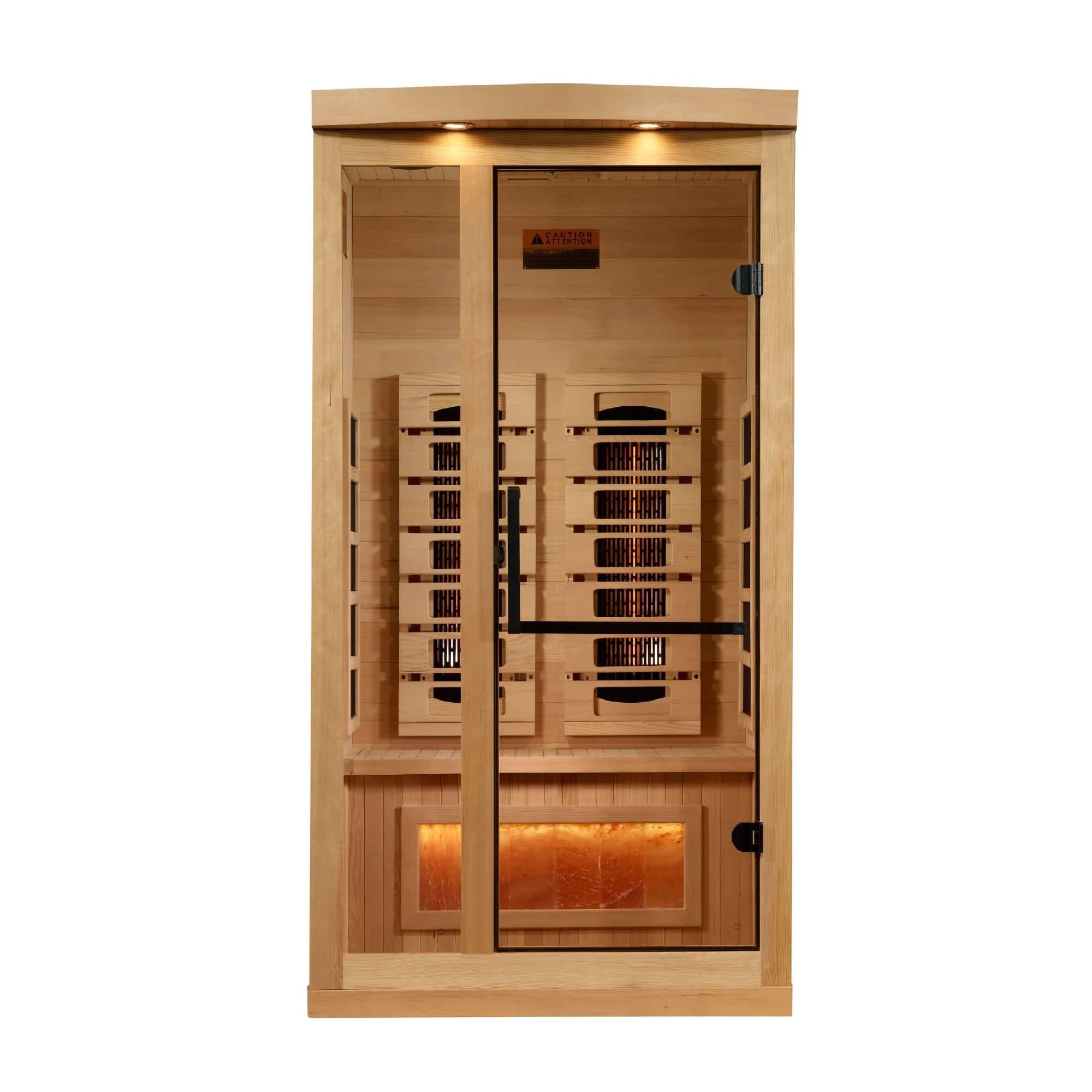Golden Designs: 1-2-Person Reserve Edition Full Spectrum Near Zero EMF Infrared Sauna with Salt Bar.
