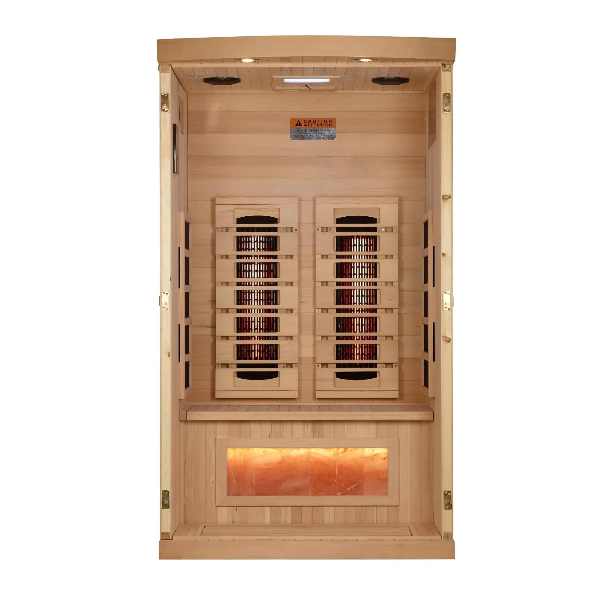 Golden Designs: 1-2-Person Reserve Edition Full Spectrum Near Zero EMF Infrared Sauna with Salt Bar - Elite Holistic Fitness