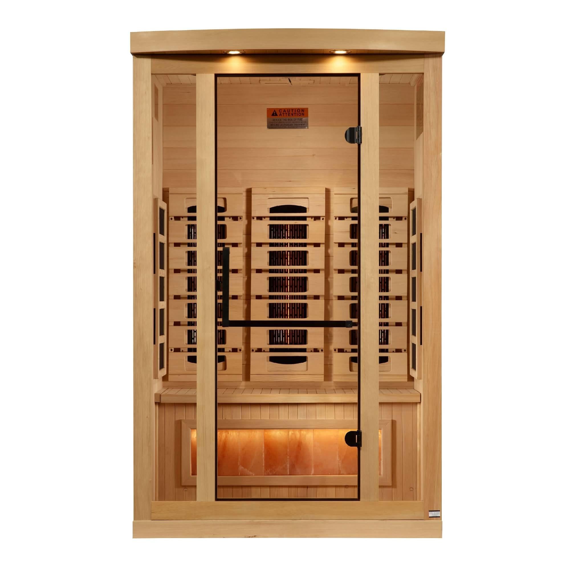 Golden Designs: 2-Person Reserve Edition Full Spectrum Near Zero EMF Infrared Sauna with Salt Bar.