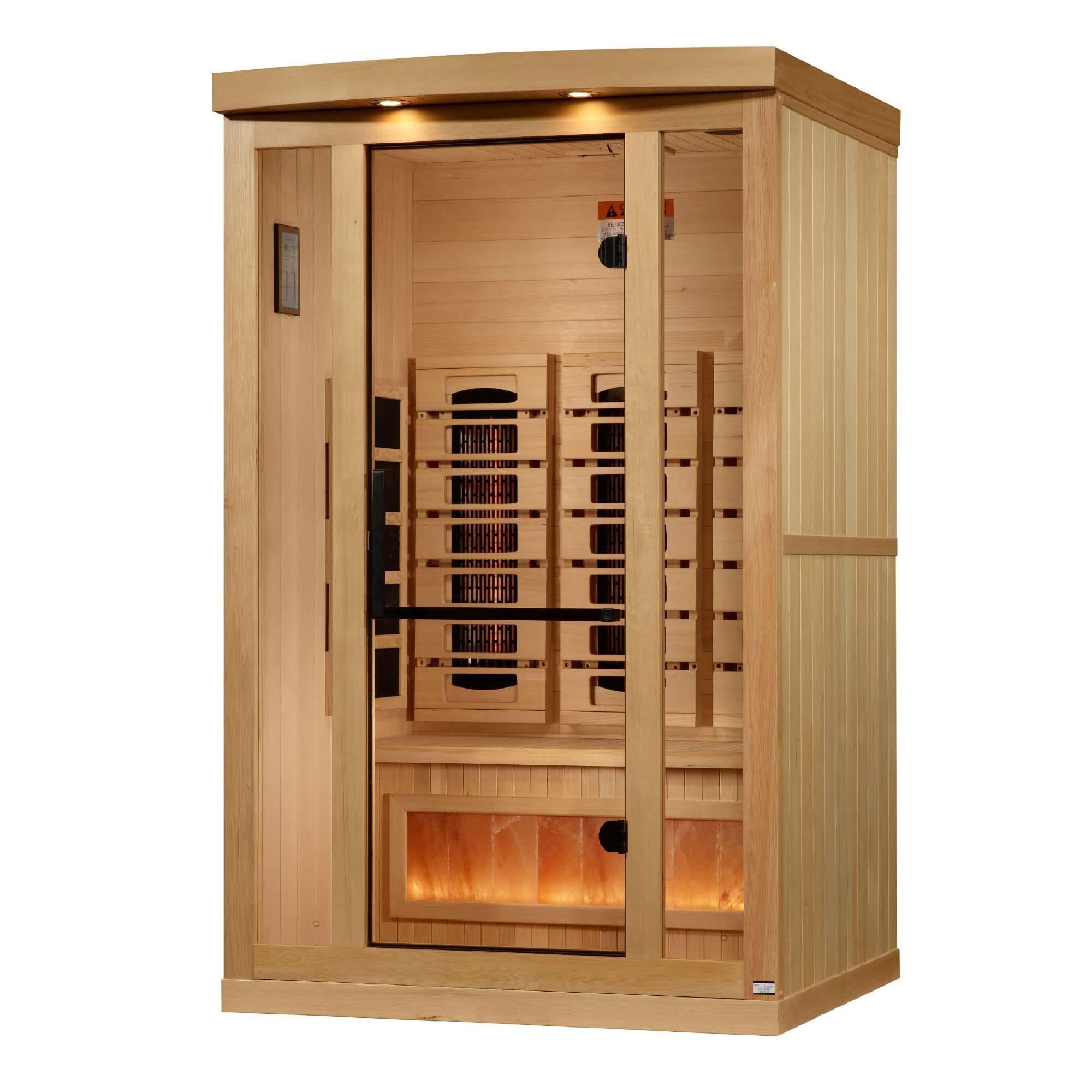 Golden Designs: 2-Person Reserve Edition Full Spectrum Near Zero EMF Infrared Sauna with Salt Bar.