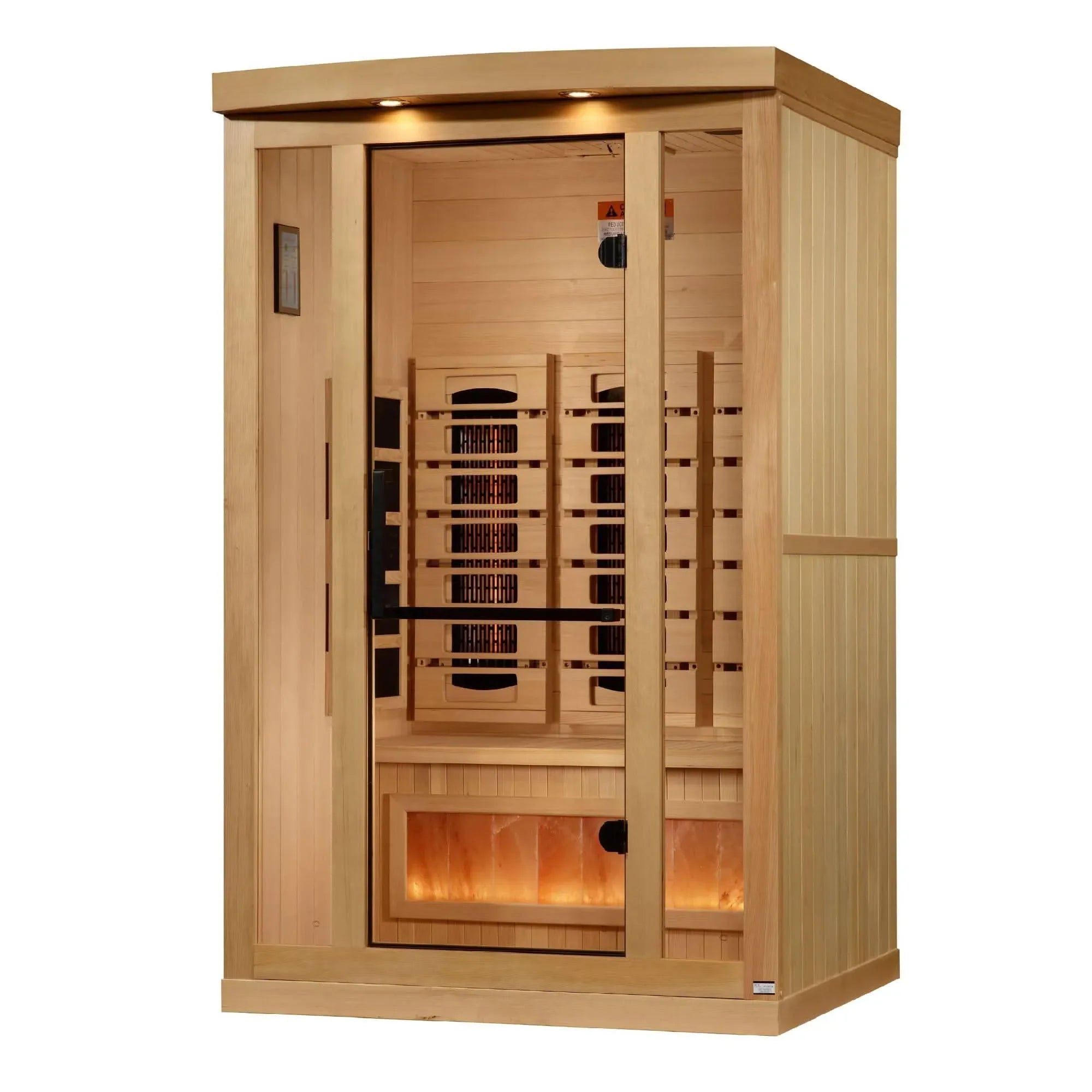 Golden Designs: 2-Person Reserve Edition Full Spectrum Near Zero EMF Infrared Sauna with Salt Bar - Elite Holistic Fitness