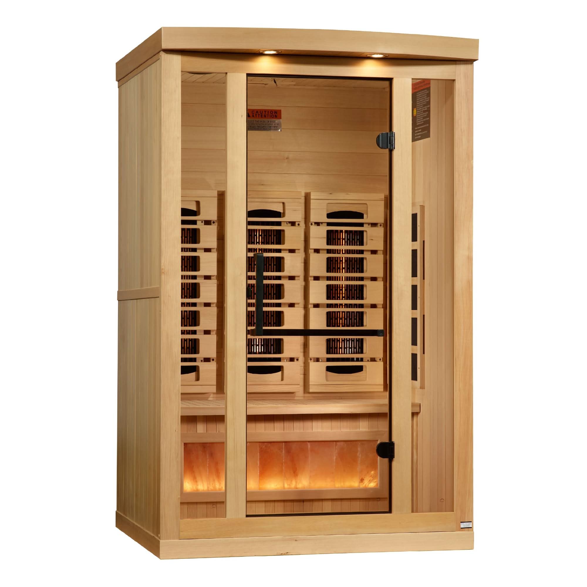 Golden Designs: 2-Person Reserve Edition Full Spectrum Near Zero EMF FAR Infrared Sauna with Himalayan Salt Bar - Elite Holistic Fitness