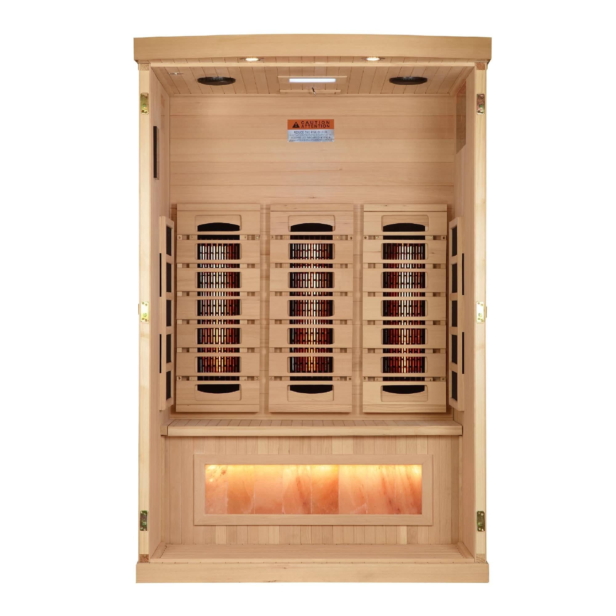 Golden Designs: 2-Person Reserve Edition Full Spectrum Near Zero EMF Infrared Sauna with Salt Bar.