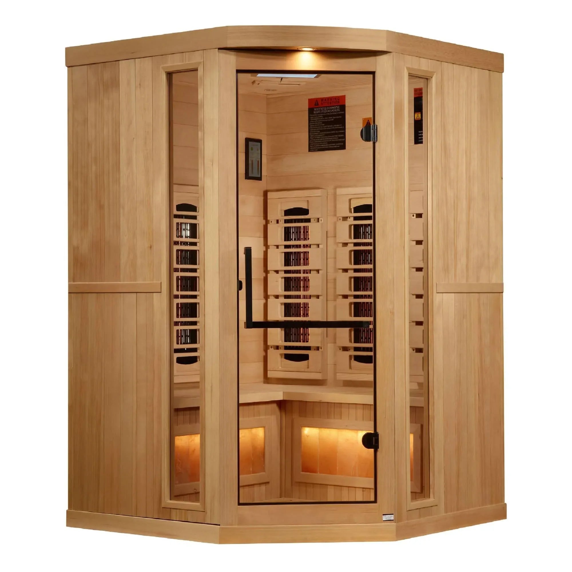 Golden Designs: 3-Person Corner Full Spectrum Near Zero EMF Infrared Sauna with Salt Bar - Elite Holistic Fitness