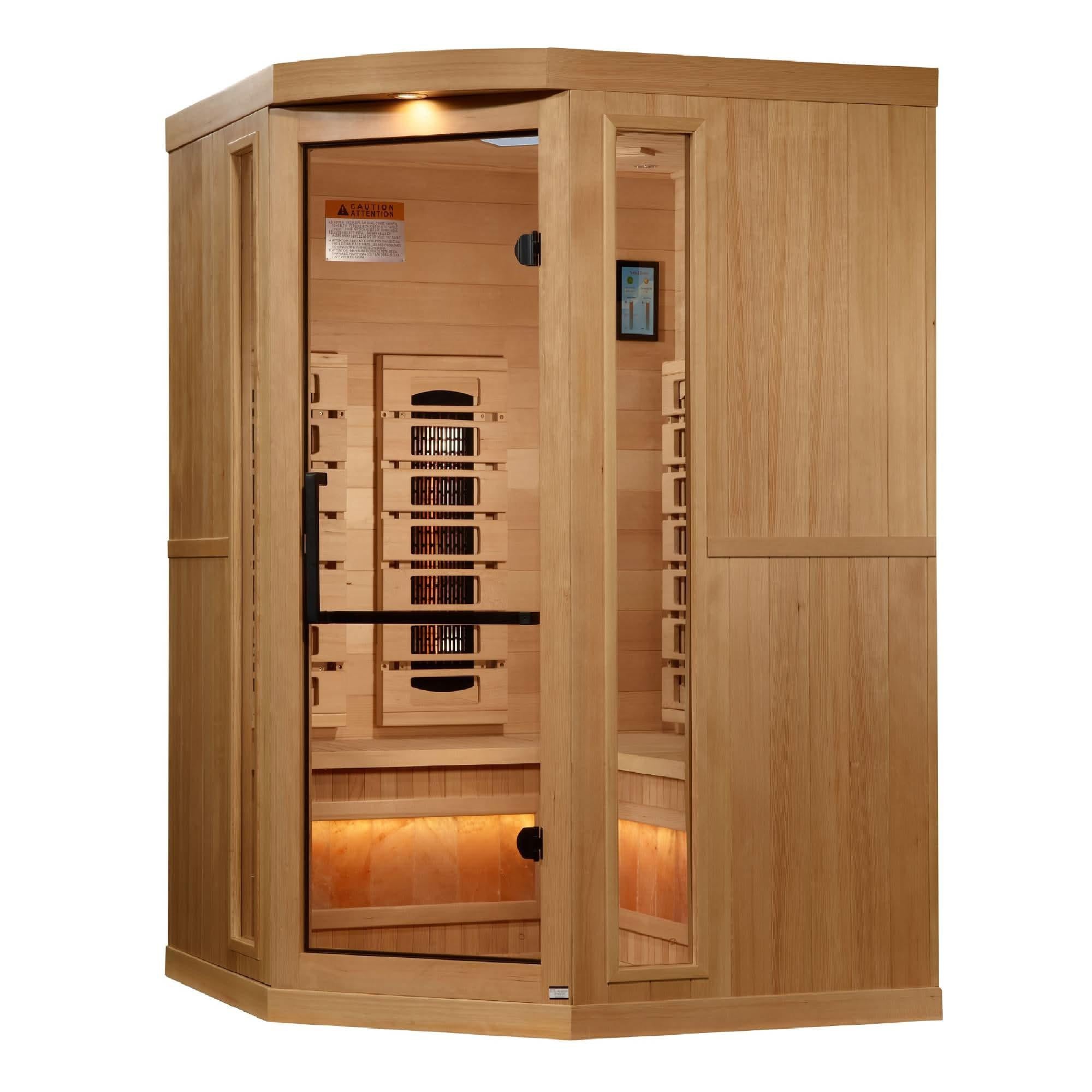 Golden Designs: 3-Person Corner Full Spectrum Near Zero EMF Infrared Sauna with Salt Bar.
