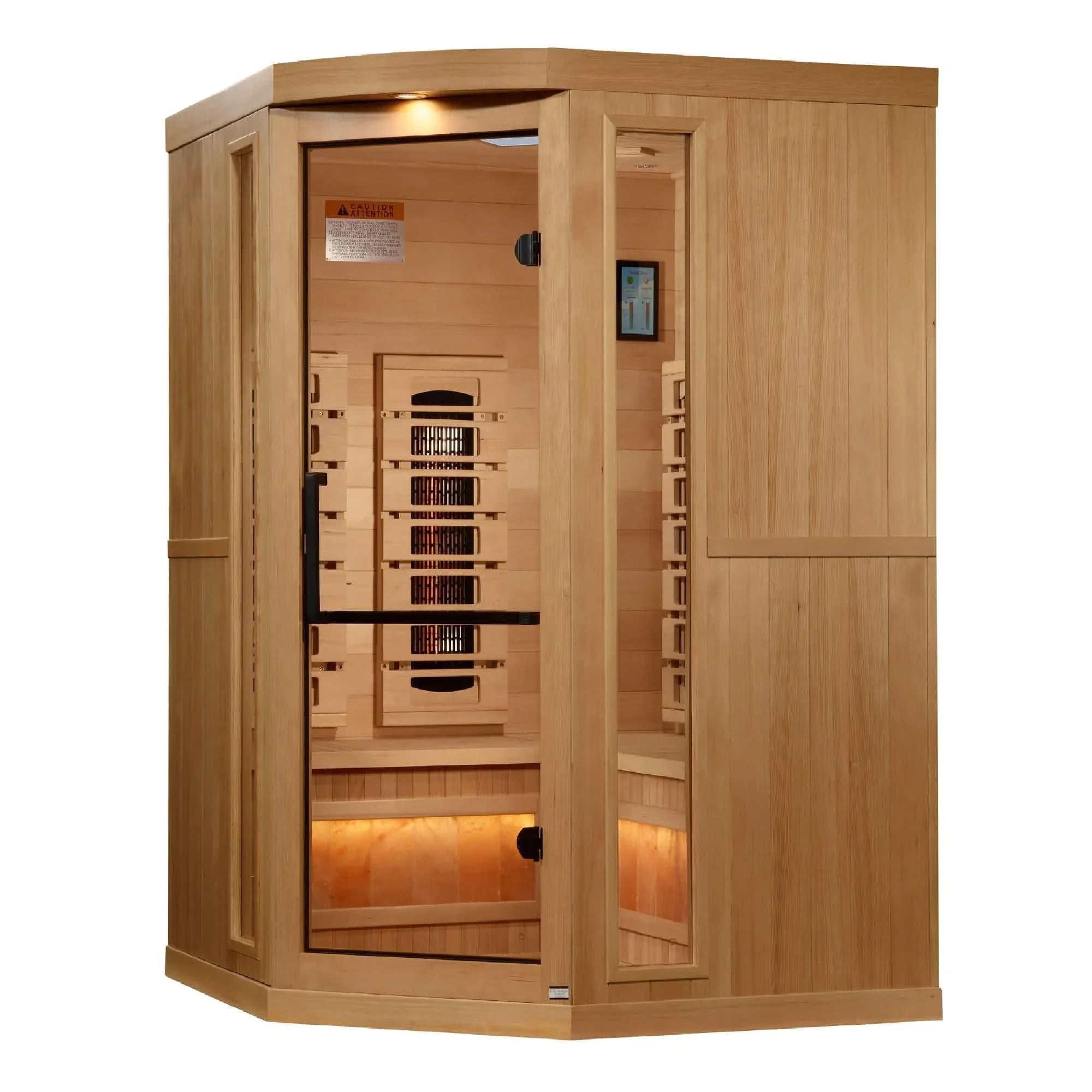 Golden Designs: 3-Person Corner Full Spectrum Near Zero EMF Infrared Sauna with Salt Bar - Elite Holistic Fitness