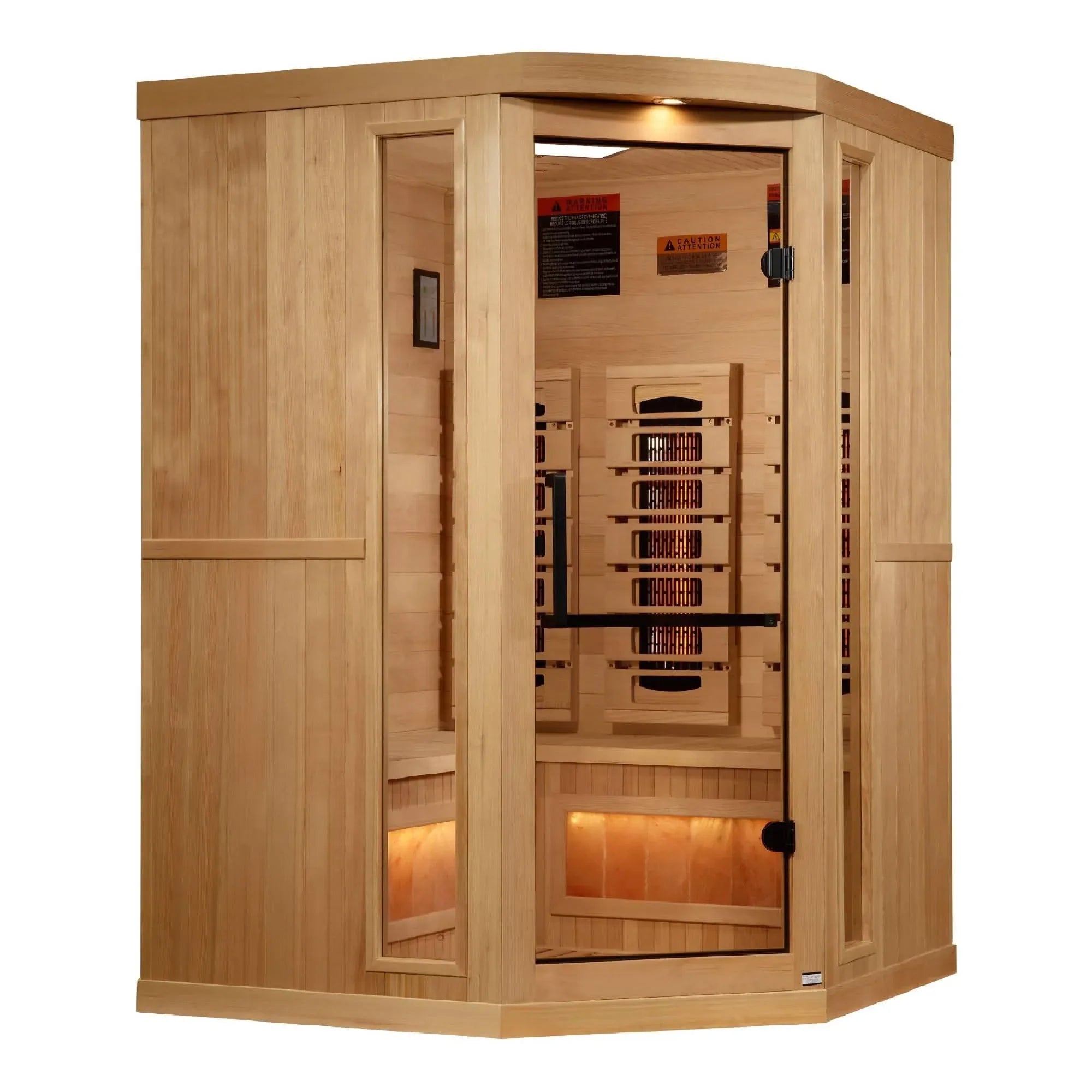 Golden Designs: 3-Person Corner Full Spectrum Near Zero EMF Infrared Sauna with Salt Bar.