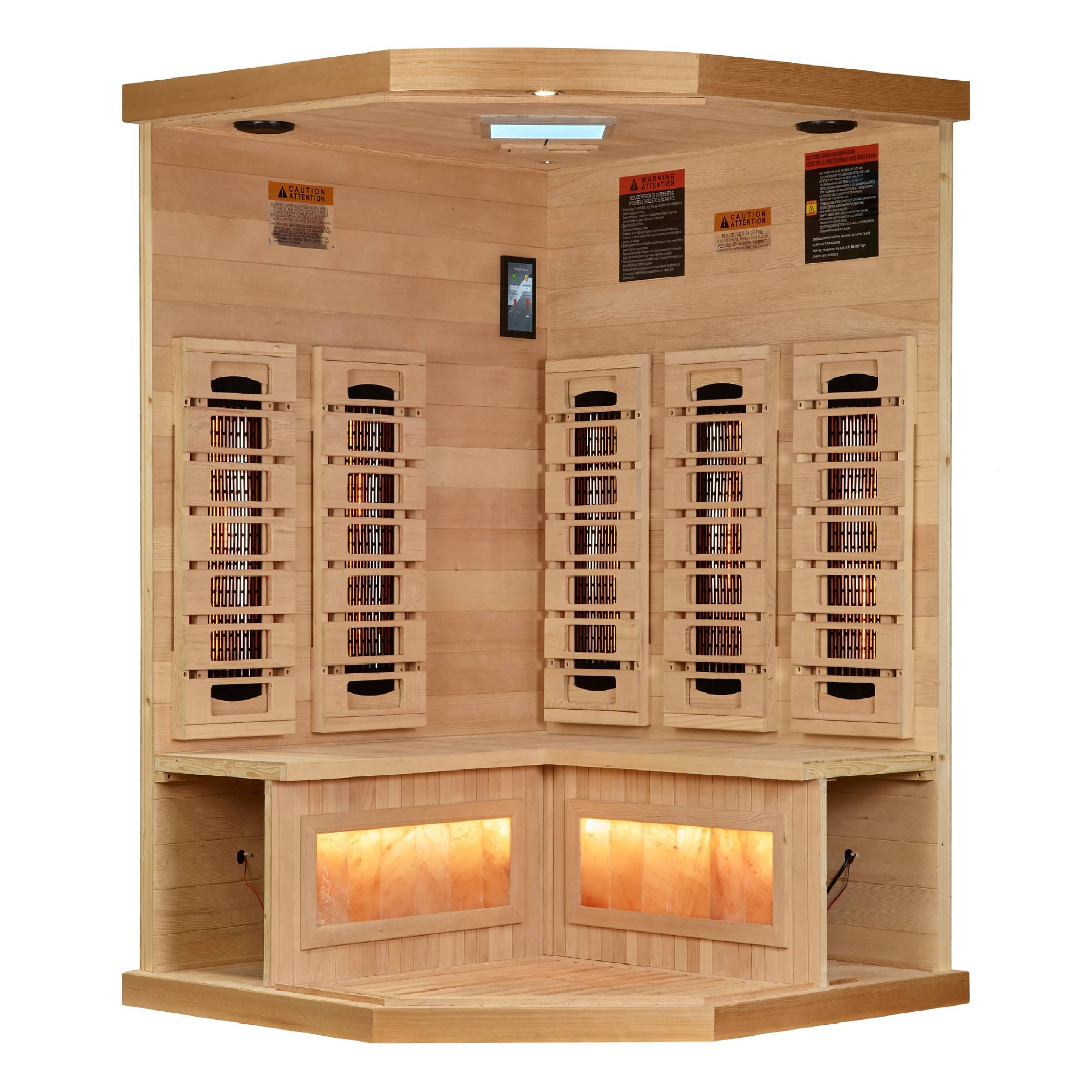 Golden Designs: 3-Person Corner Full Spectrum Near Zero EMF FAR Infrared Sauna with Himalayan Salt Bar - Elite Holistic Fitness