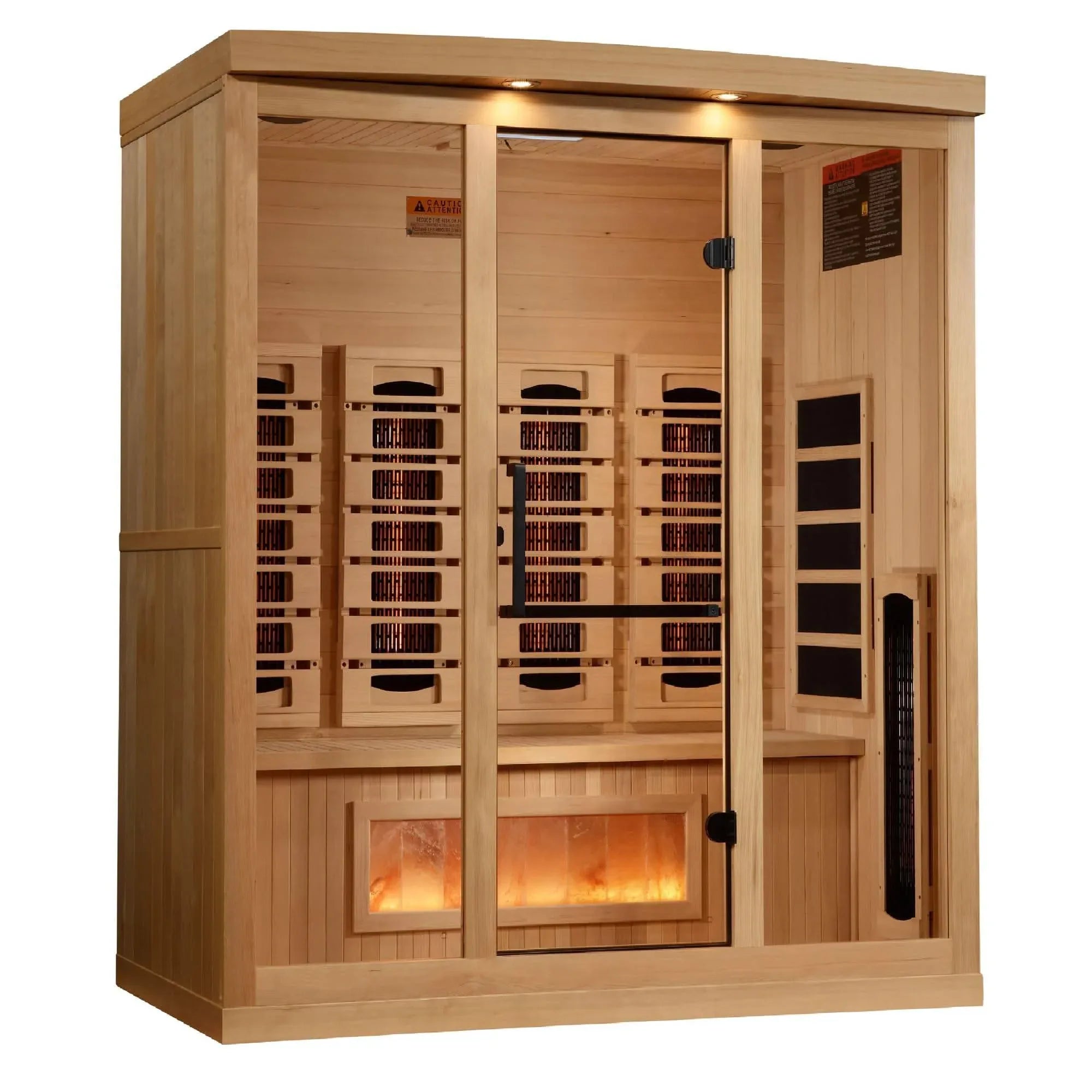 Golden Designs: 4-Person Full Spectrum Near Zero EMF Infrared Sauna with Himalayan Salt Bar.
