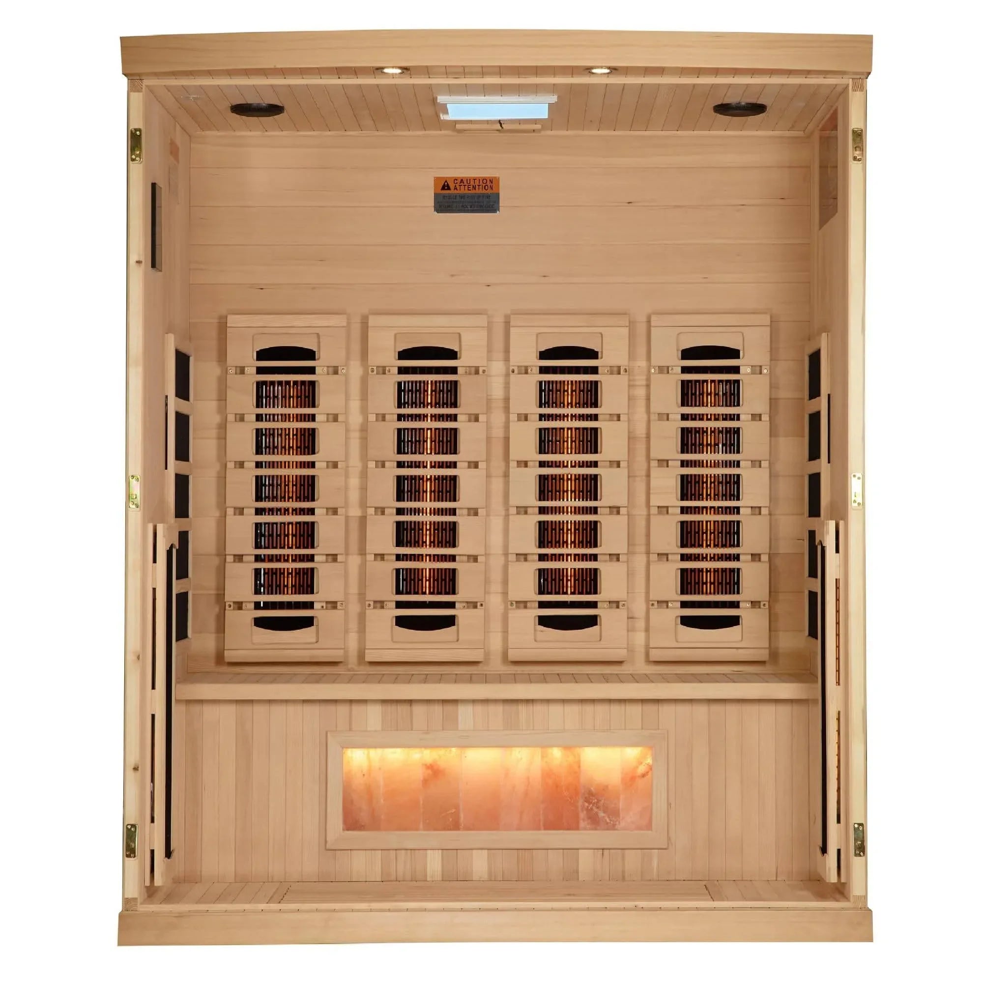 Golden Designs: 4-Person Full Spectrum Near Zero EMF Infrared Sauna with Himalayan Salt Bar.