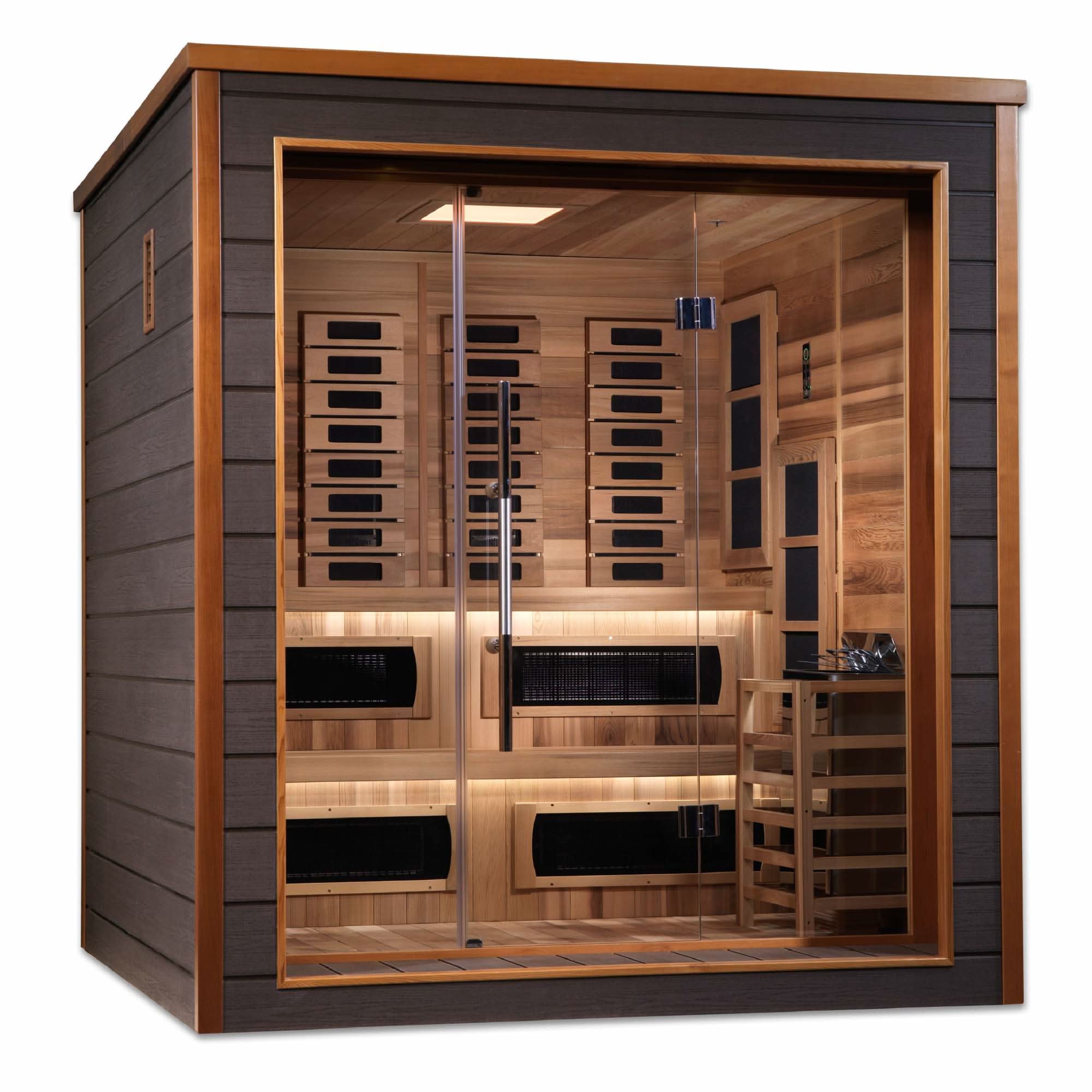 Golden Designs: Karlstad 6 Person Outdoor-Indoor Hybrid (Infrared + Stove) Sauna - Elite Holistic Fitness