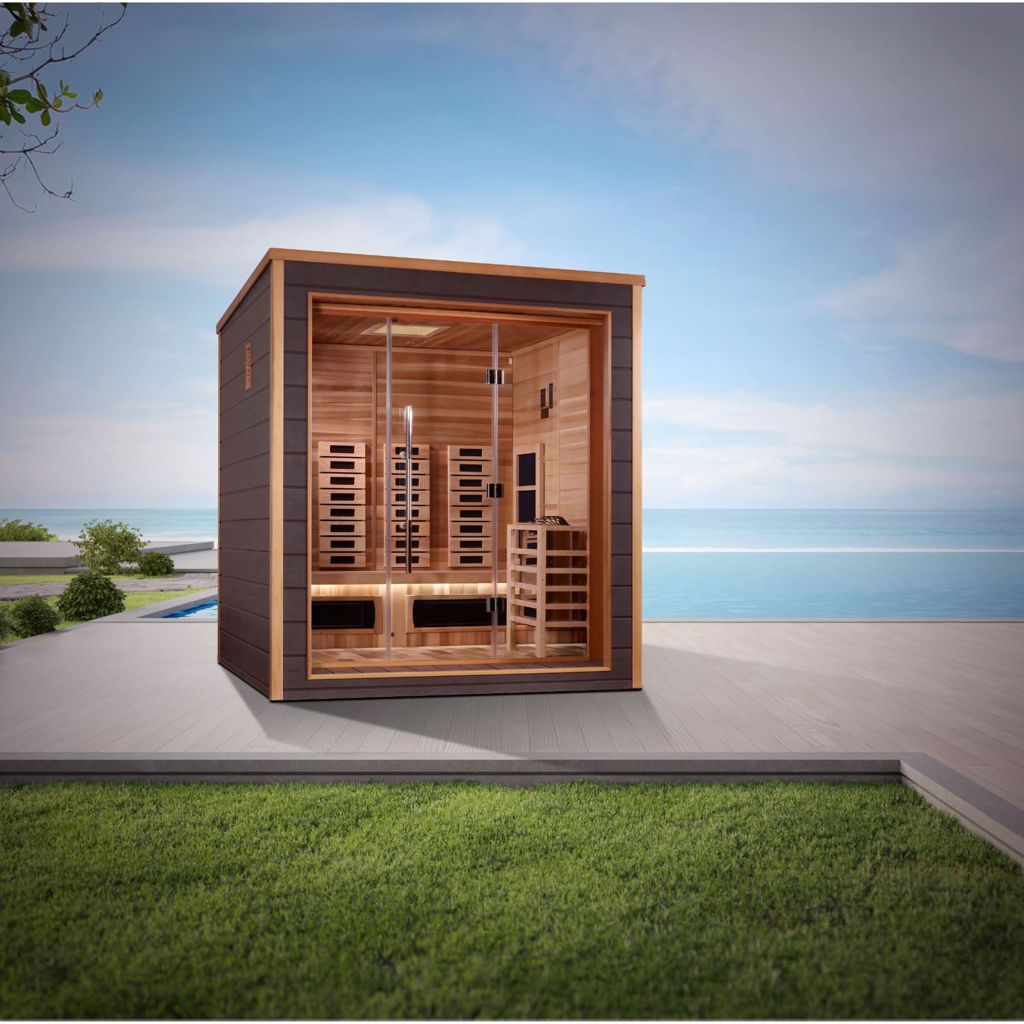 Golden Designs: Visby 3 Person Outdoor-Indoor Hybrid Infrared + Stove Sauna - Elite Holistic Fitness