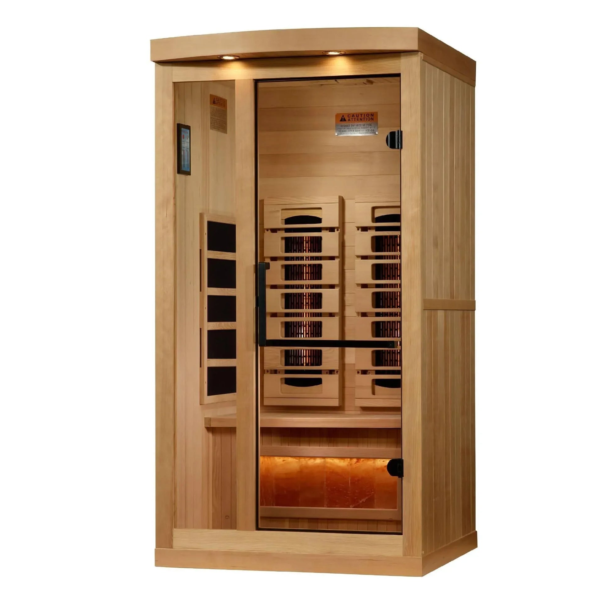 Golden Designs: 1-2-Person Reserve Edition Full Spectrum Near Zero EMF Infrared Sauna with Salt Bar - Elite Holistic Fitness