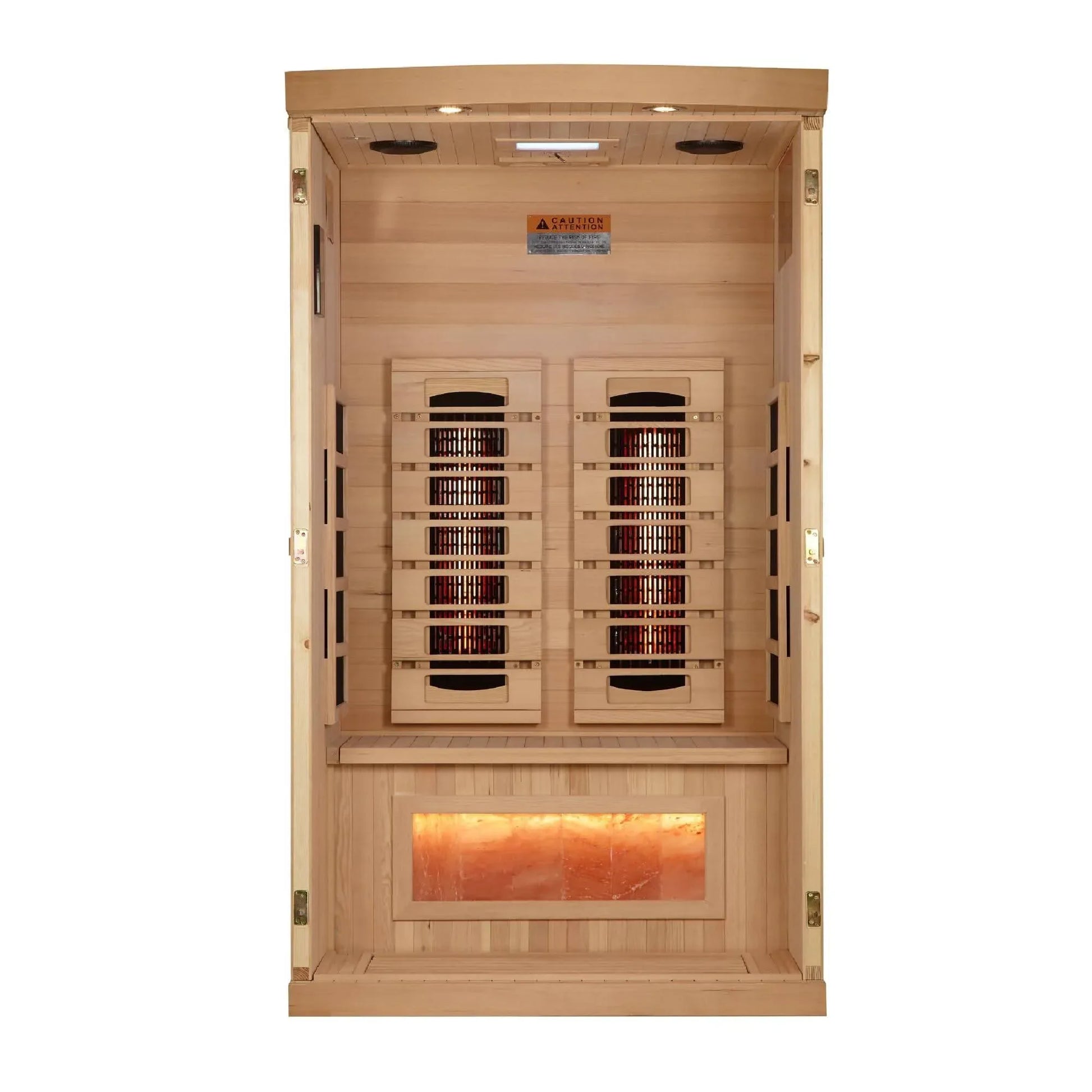 Golden Designs: 1-2-Person Reserve Edition Full Spectrum Near Zero EMF Infrared Sauna with Salt Bar - Elite Holistic Fitness