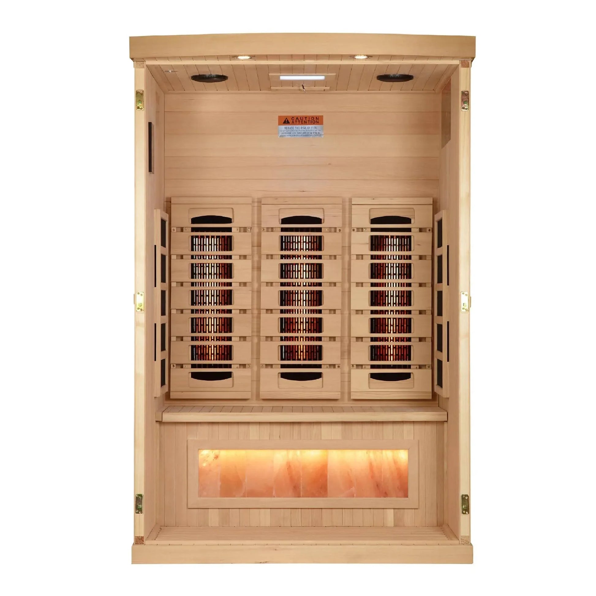 Golden Designs: 2-Person Reserve Edition Full Spectrum Near Zero EMF Infrared Sauna with Salt Bar - Elite Holistic Fitness