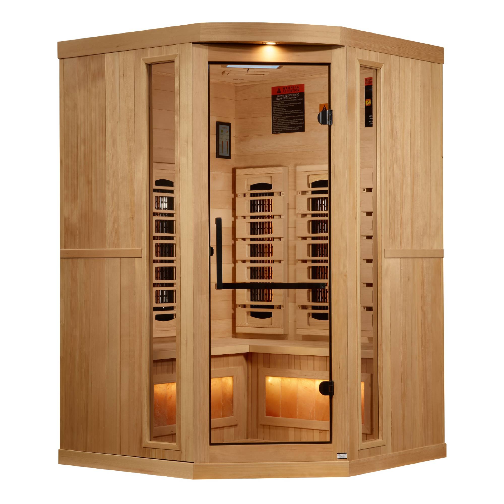 Golden Designs: 3-Person Corner Full Spectrum Near Zero EMF FAR Infrared Sauna with Himalayan Salt Bar - Elite Holistic Fitness