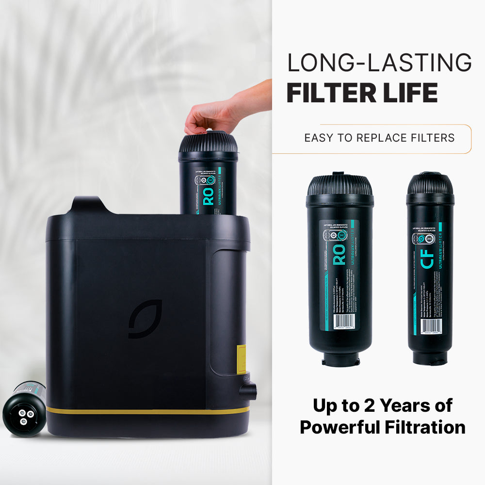 Black water filtration system with replacement filters on a white background