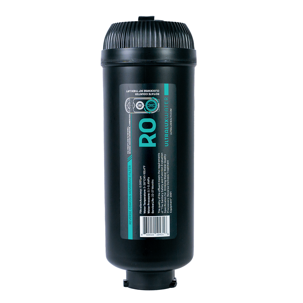 A black cylindrical RO water filter with a ribbed top cap and a front label reading 'RO Ultra Premium RO' on a plain white background.