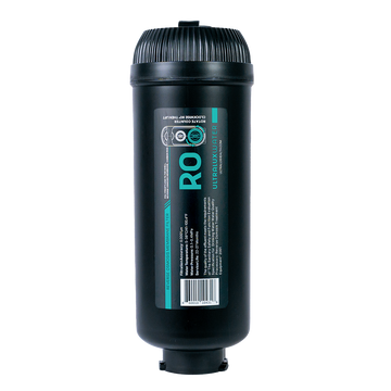 A black cylindrical RO water filter with a ribbed top cap and a front label reading 'RO Ultra Premium RO' on a plain white background.