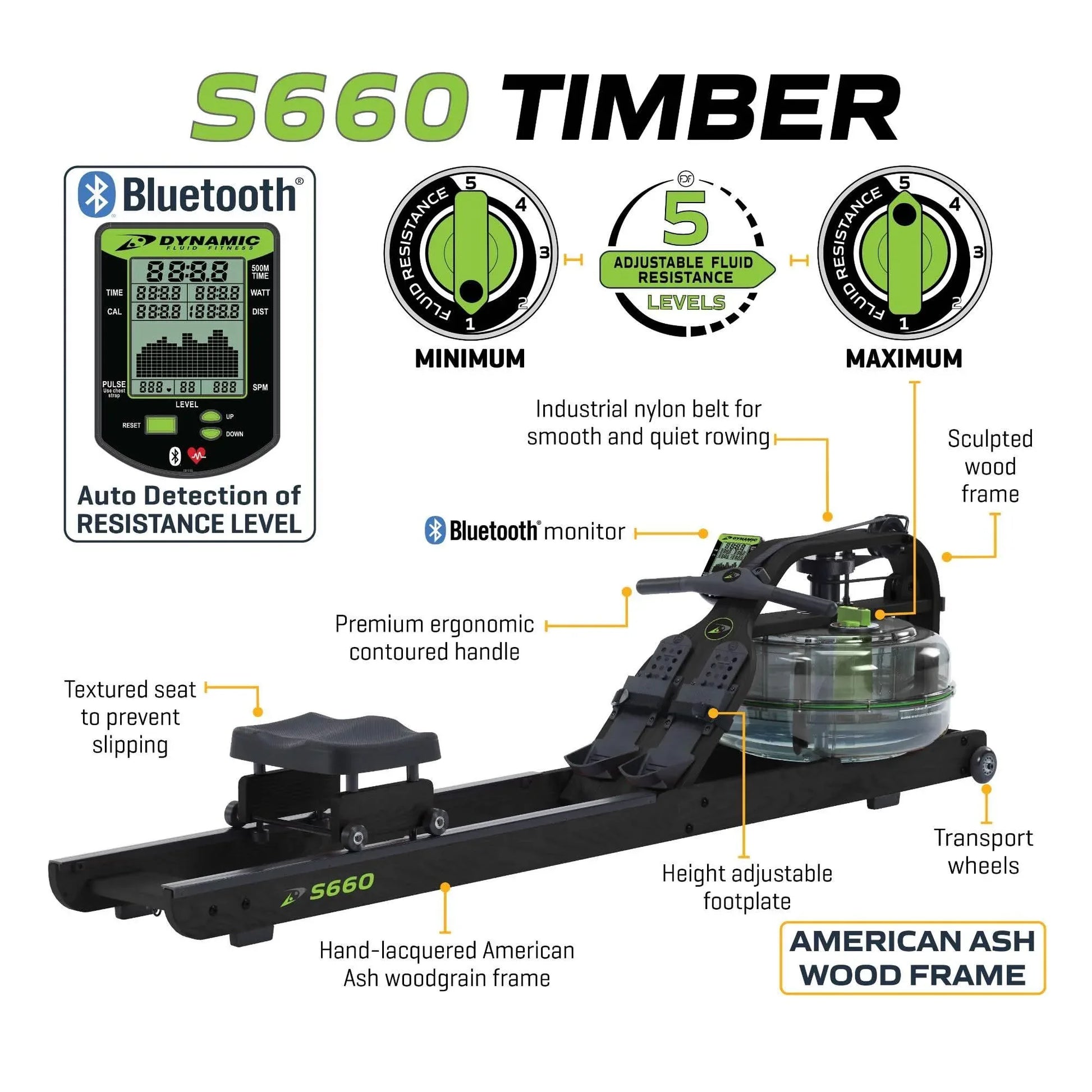 Dynamic Fluid Fitness S680 Timber Rower - Elite Holistic Fitness