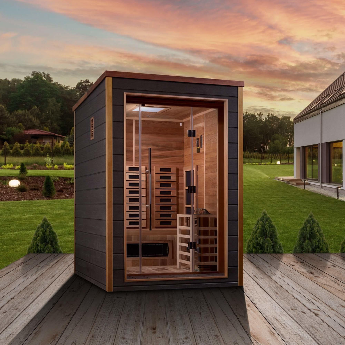 Golden Designs: Nora 2 Person Outdoor-Indoor Hybrid Sauna - Elite Holistic Fitness
